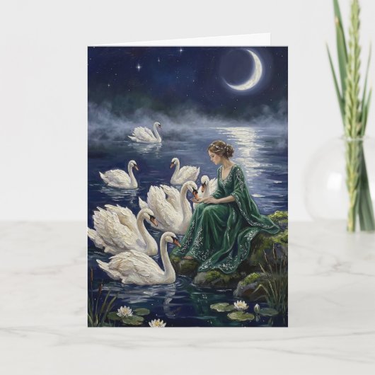 Celtic Swans Moonlit Lake Night Fantasy Art カード (正面)