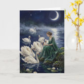 Celtic Swans Moonlit Lake Night Fantasy Art カード (黄色い花)