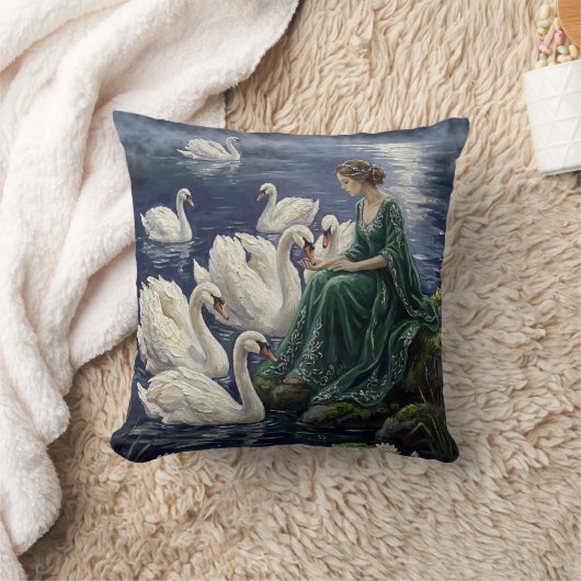 Celtic Swans Moonlit Lake Night Fantasy Art クッション (ブランケット)