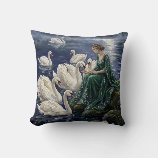Celtic Swans Moonlit Lake Night Fantasy Art クッション (正面)