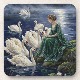 Celtic Swans Moonlit Lake Night Fantasy Art コースター