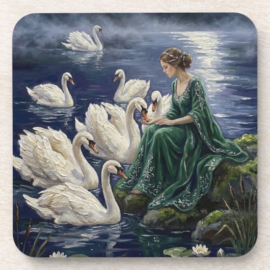 Celtic Swans Moonlit Lake Night Fantasy Art コースター (正面)
