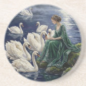 Celtic Swans Moonlit Lake Night Fantasy Art コースター (正面)