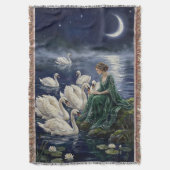 Celtic Swans Moonlit Lake Night Fantasy Art スローブランケット (正面縦)