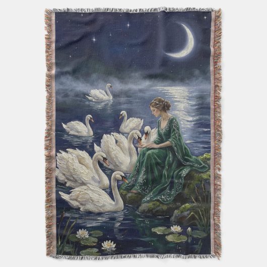 Celtic Swans Moonlit Lake Night Fantasy Art スローブランケット (正面縦)