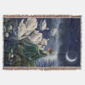 Celtic Swans Moonlit Lake Night Fantasy Art スローブランケット (正面)