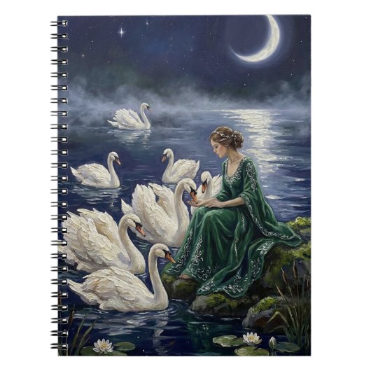 Celtic Swans Moonlit Lake Night Fantasy Art ノートブック (正面)