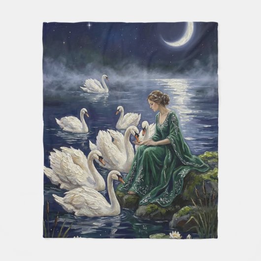 Celtic Swans Moonlit Lake Night Fantasy Art フリースブランケット (正面)