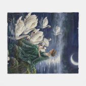 Celtic Swans Moonlit Lake Night Fantasy Art フリースブランケット (正面(横))