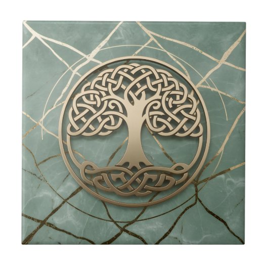 Celtic Tree of Life Sage Marble Gold Crann Bethadh タイル (正面)