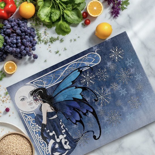 Celtic Winter Moon Fairy Blue Snowflakes Fantasy カッティングボード