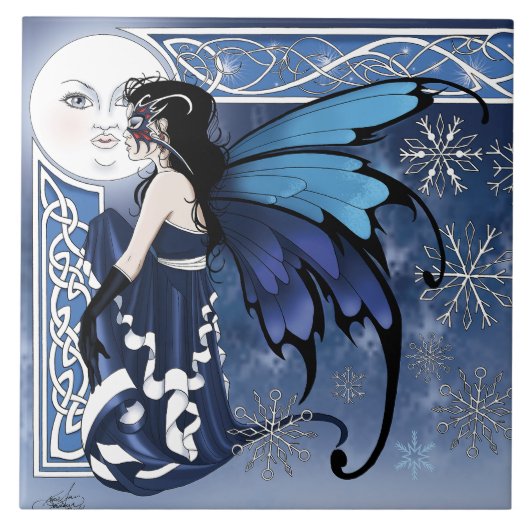 Celtic Winter Moon Fairy Blue Snowflakes Fantasy タイル (正面)