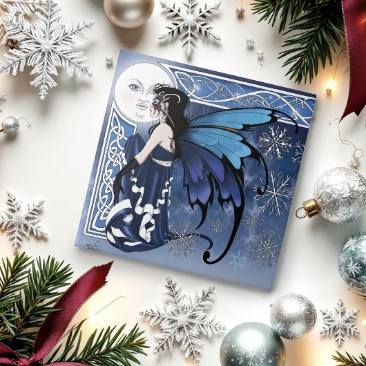 Celtic Winter Moon Fairy Blue Snowflakes Fantasy タイル