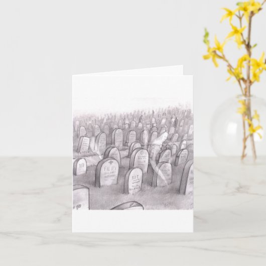 Cemetery Illustration with Many Headstones, Ghosts カード (黄色い花)