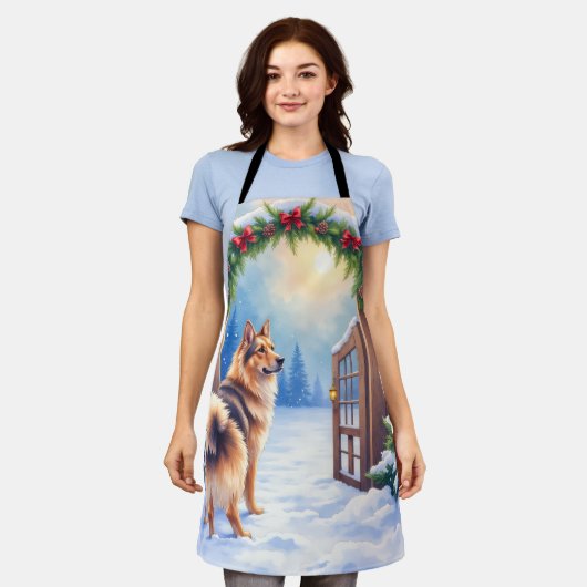 Central Asian Shepherd Snowy Gate Christmas Art エプロン (着用した状態)