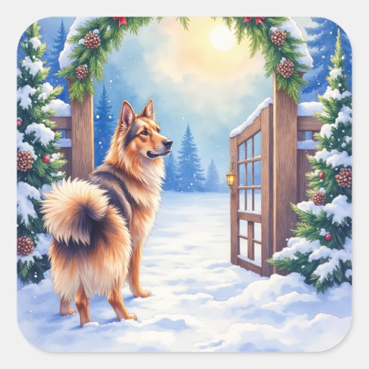 Central Asian Shepherd Snowy Gate Christmas Art スクエアシール (正面)