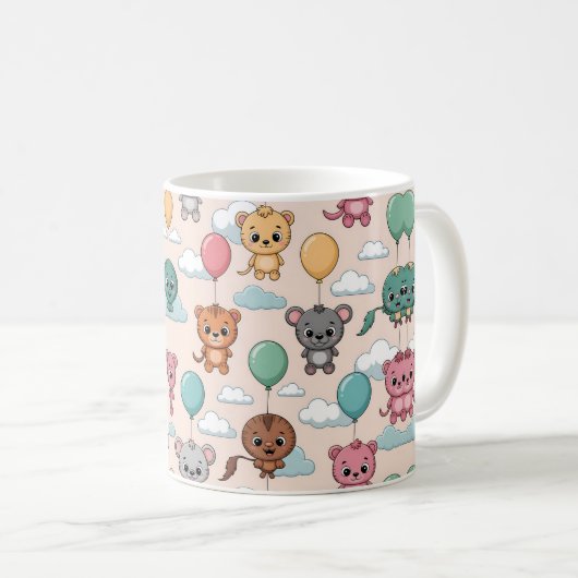 Ceramic mug with a cute pattern of cartoon animals コーヒーマグカップ (正面右)