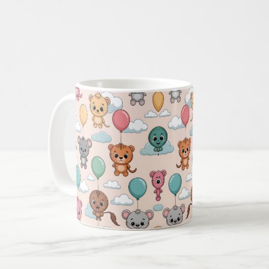 Ceramic mug with a cute pattern of cartoon animals コーヒーマグカップ (正面左)