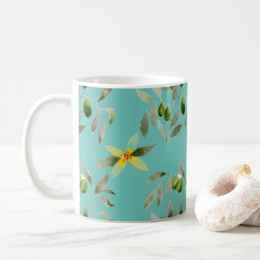 Ceramic mug with olive design on light teal コーヒーマグカップ (ドーナツ)