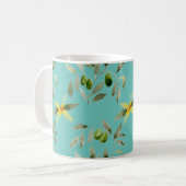 Ceramic mug with olive design on light teal コーヒーマグカップ (正面左)
