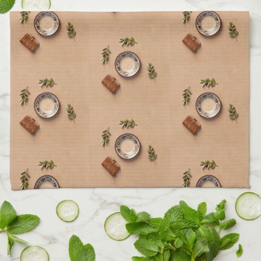 ceramic plate leather journal and olive branches キッチンタオル (折り畳み)