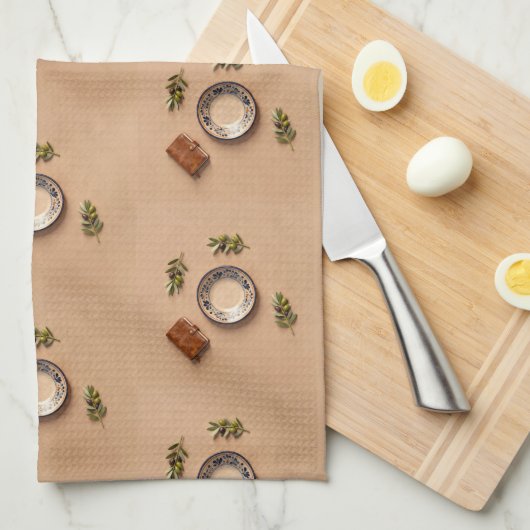 ceramic plate leather journal and olive branches キッチンタオル (四つ折り)