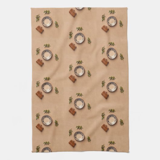 ceramic plate leather journal and olive branches キッチンタオル (縦)