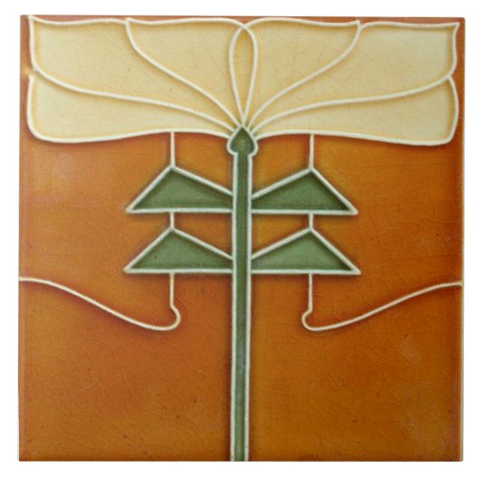 Ceramic Tile - Art Nouveau Yellow Flower Orange タイル (正面)