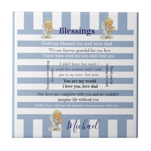 Ceramic Tile Blue & White Stripe Blessings Child タイル (正面)