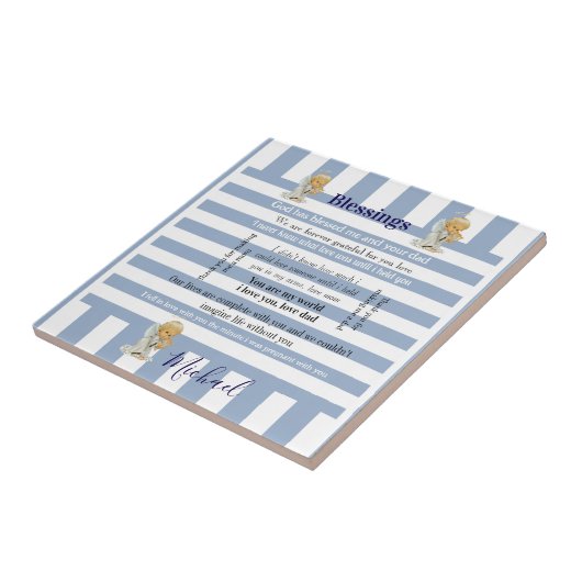 Ceramic Tile Blue & White Stripe Blessings Child タイル (側面)
