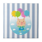 Ceramic Tile Blue & White Stripe Pig Balloons タイル (正面)