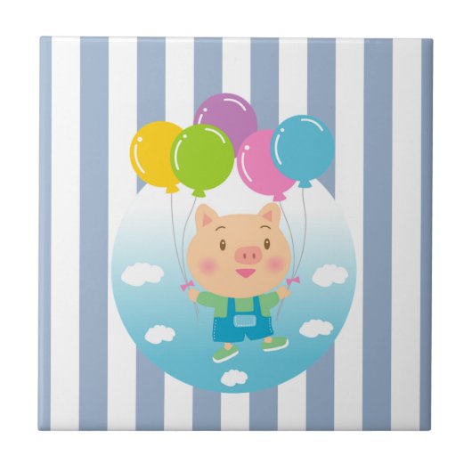 Ceramic Tile Blue & White Stripe Pig Balloons タイル (正面)