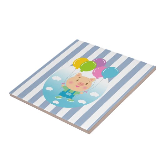Ceramic Tile Blue & White Stripe Pig Balloons タイル (側面)