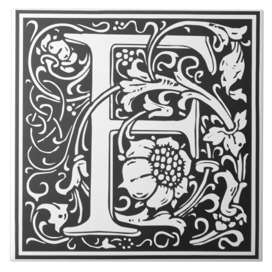 Ceramic Tile - Monogram Alphabet F black White タイル (正面)
