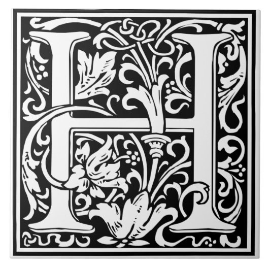Ceramic Tile - Monogram Alphabet H black White タイル (正面)