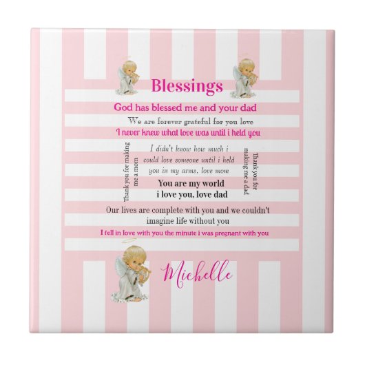 Ceramic Tile Pink & White Stripe Blessings タイル (正面)