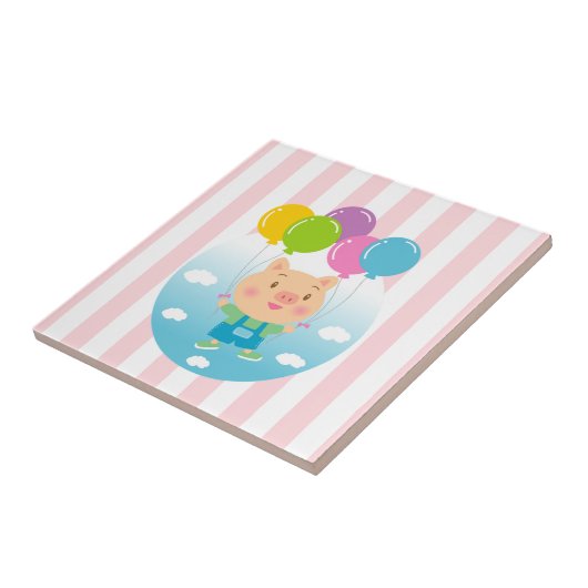 Ceramic Tile Pink & White Stripe Pig Balloons タイル (側面)