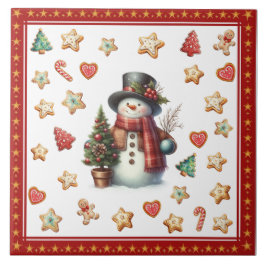 Ceramic Tile Snowman and Christmas Cookies Red タイル