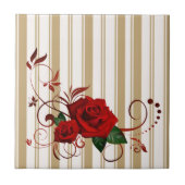 Ceramic Tile Stripe Beige & White Stripe Red Rose  タイル (正面)