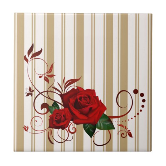 Ceramic Tile Stripe Beige & White Stripe Red Rose  タイル (正面)