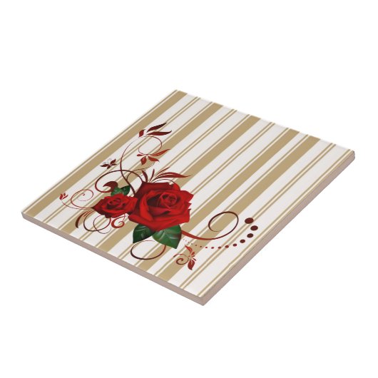Ceramic Tile Stripe Beige & White Stripe Red Rose  タイル (側面)
