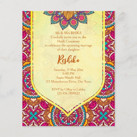 Cerise mandala rangoli mehndi予算招待状 (裏面)