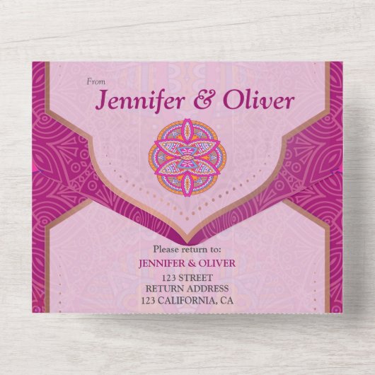 Cerise Pink Blues & Orangeのマンダラミックス オールインワン招待状 (裏面)