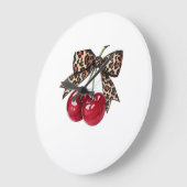 Cerises Rouges avec Nœud Léopard – Illustration Co ラージ壁時計 (傾斜)