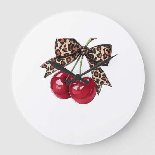 Cerises Rouges avec Nœud Léopard – Illustration Co ラージ壁時計 (正面)