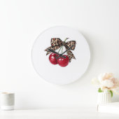 Cerises Rouges avec Nœud Léopard – Illustration Co ラージ壁時計 (ホーム)