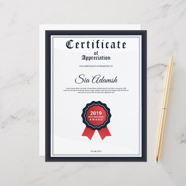 Certificate Of Appreciation (正面/裏面インサイチュ)