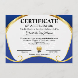 Certificate of Appreciation Blue Gold Elegant エンクロージャーカード
