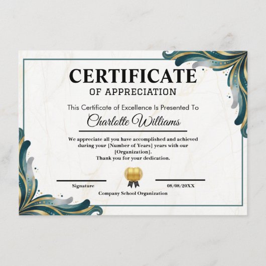 Certificate of Appreciation Editable Award Templat エンクロージャーカード (正面)
