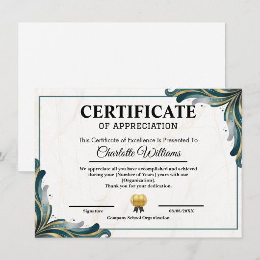 Certificate of Appreciation Editable Award Templat エンクロージャーカード (正面/裏面)